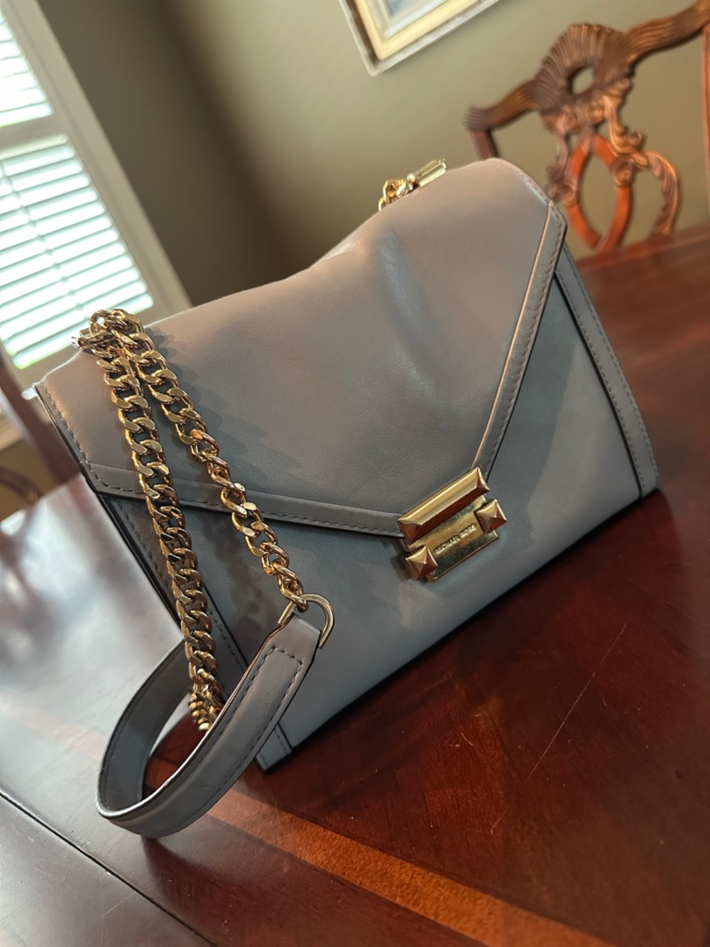 Michael Kors Light Blue Leather Shoulder Bag with Gold Chain Strap